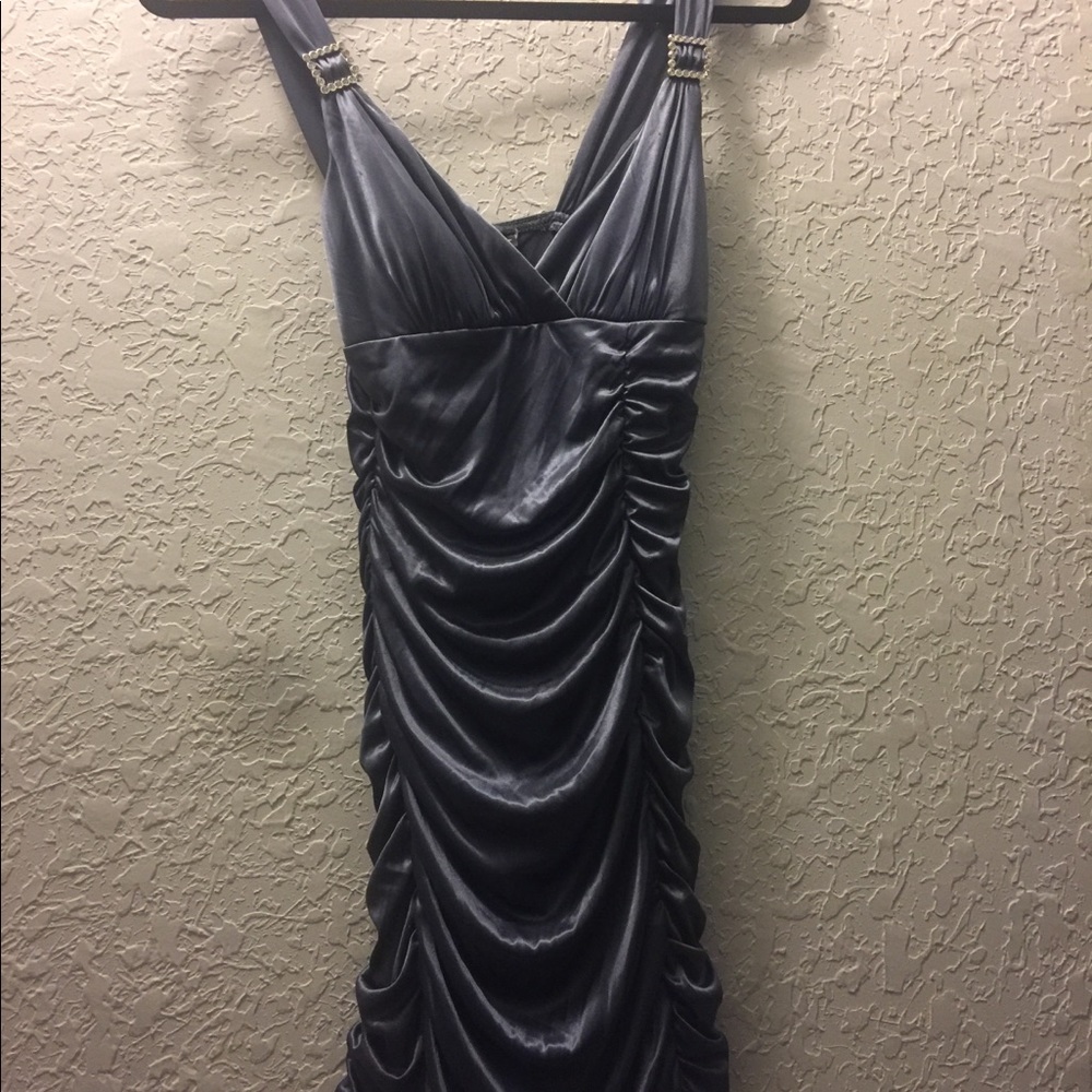 Cocktail-party gray/blue sateen ruched dress sz S